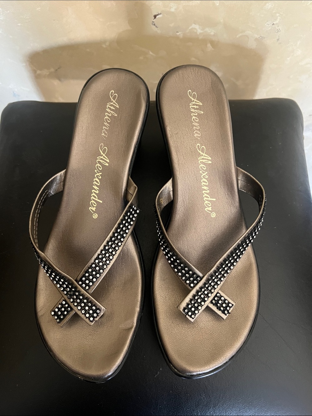 Athena Alexander Black Crystal-Accent Cross Strap Slide Sandals